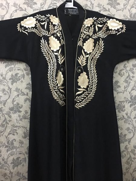 Nida Front Open Gown Abaya, Hand Made Machine Embroidery on Front & Sleeves Cuff – 0560