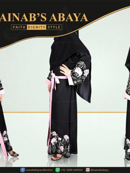 Nida Color Front Open Gown Abaya with Belt Hand Made Machine Embroidered on Front Bottom & Sleeves Cuff – 0723