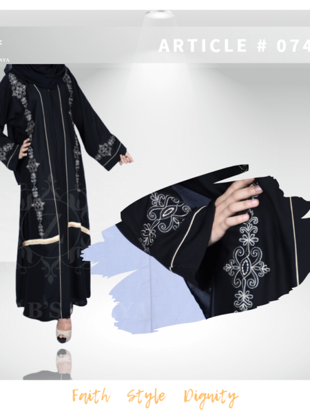 Nida Front Open Abaya with Hand Machine Embroidery on Front and Sleeves Cuff – 0744
