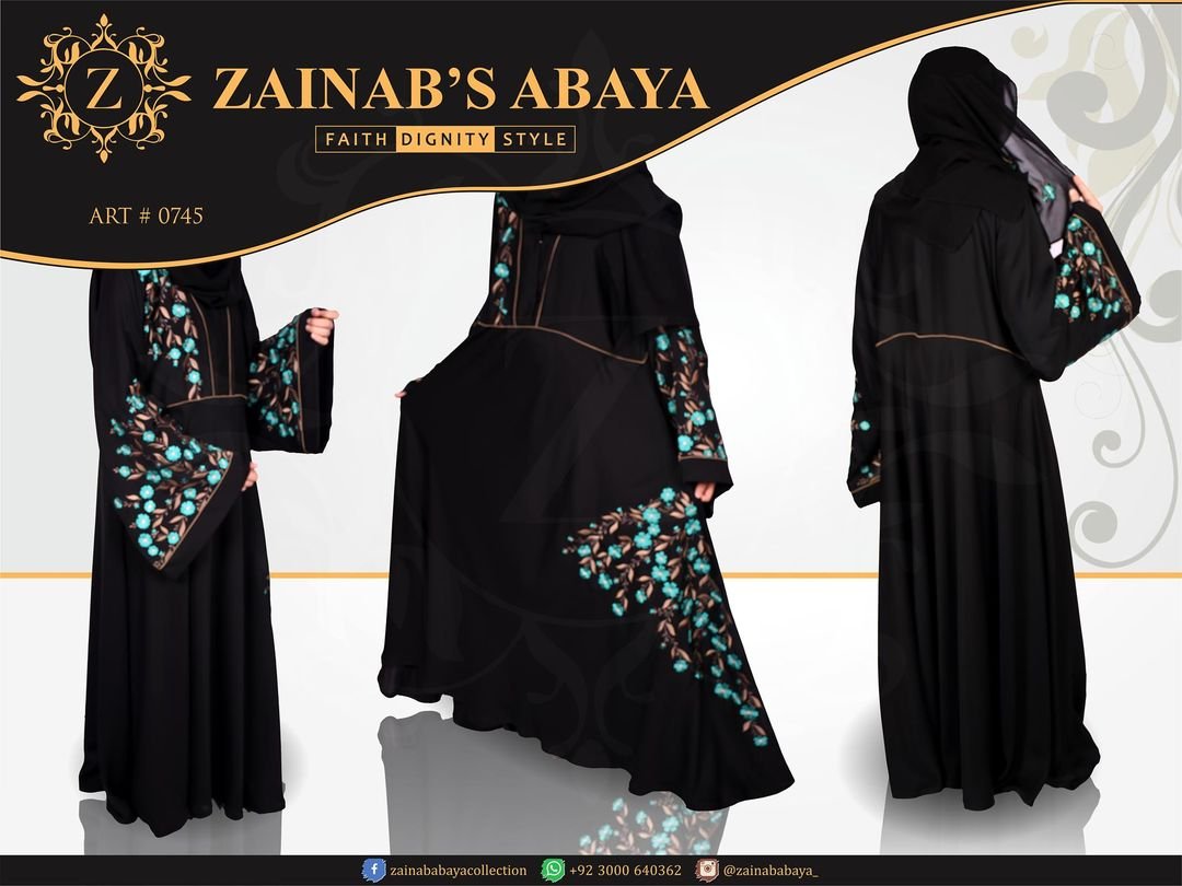 Nida Black Umbrella Gown Abaya, Hand Made Machine Embroidered – 0745