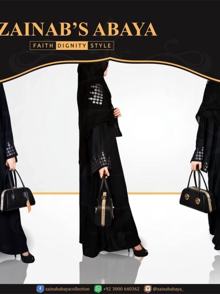 Nida Black Front Open Gown Abaya, Hand Made Machine Embroidered on Sleeve’s Cuff – 0769