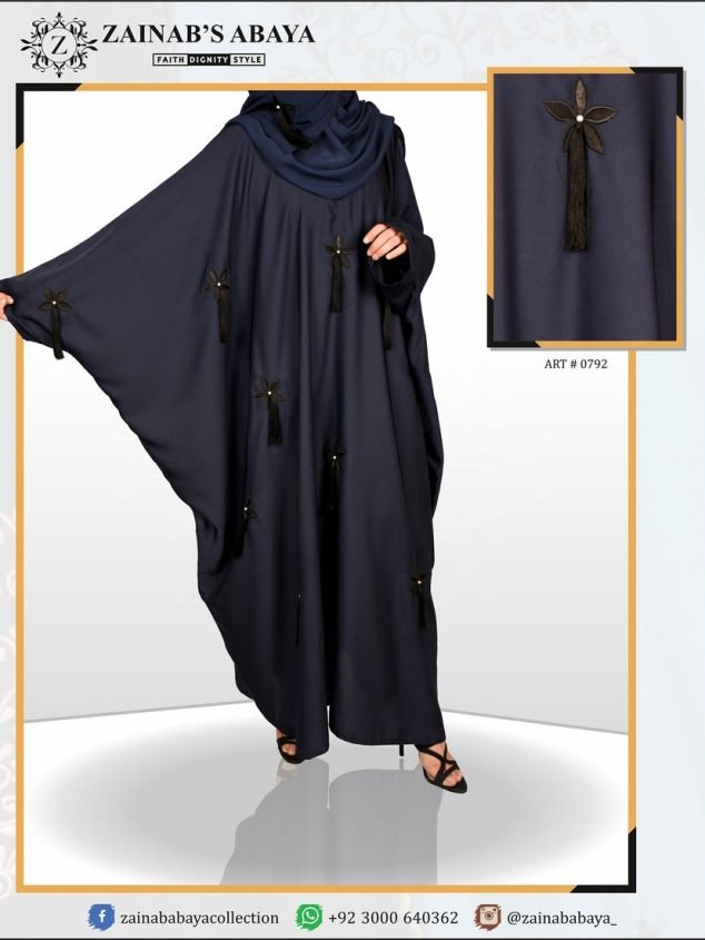 Nida Color Kaftan Abaya, Hand Made Machine Embroidery Work with Tassel & Pearl on Front – 0792