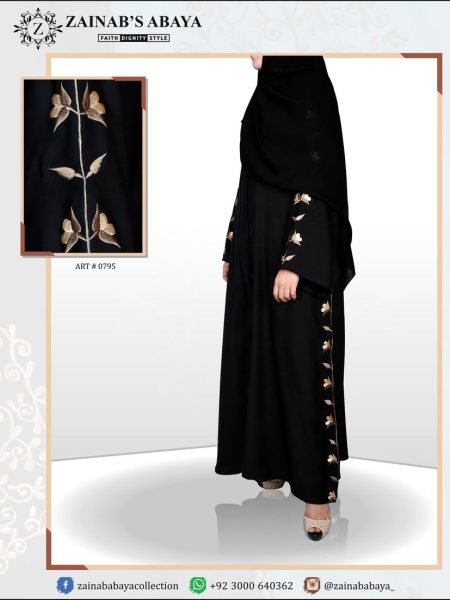 Nida Black Front Open Gown Hand Made Machine Embroidery Work On Chalks & Sleeves – 0795