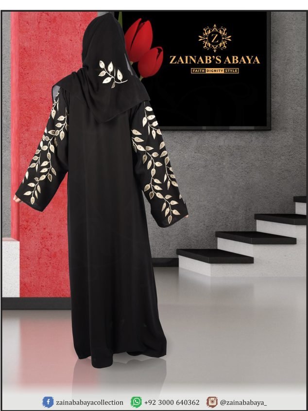 Nida Black Maxi Abaya Hand Made Machine Embroidery With Stone Work on Full Sleeves - 0804
