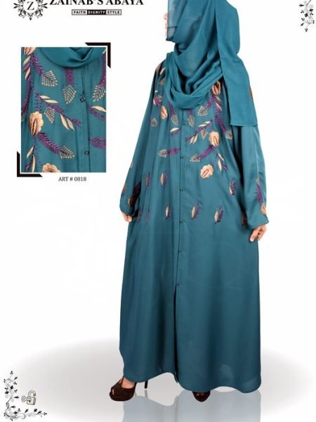Nida Color Front Open Gown Abaya, Hand Made Machine Embroidery on Front & Cuffs – 0818