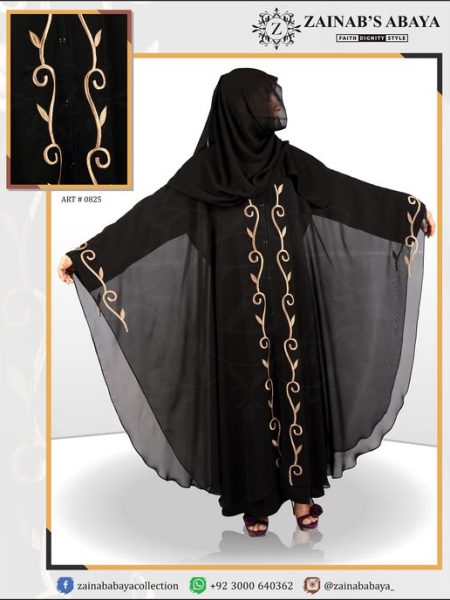 Formal Front Open Kaftan Abaya ,Hand Made Machine Embroidery Work on Front & Sleeves – 0825
