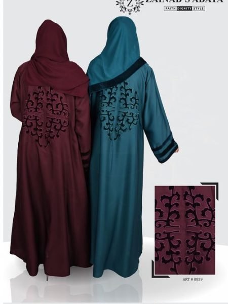 Nida Front Open Color Abaya ,Hand Made Machine Embroidery with Velvet Aplic Work on Back and Cuffs – 0859