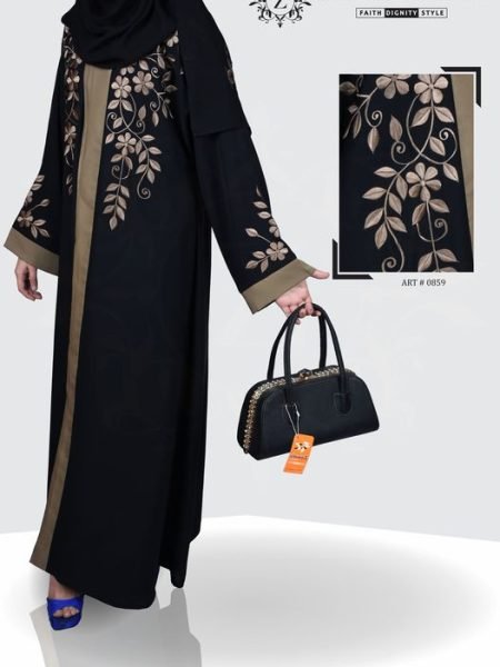 Nida Front Open Abaya ,Hand Made Machine Embroidery on Front and Sleeves – 0860