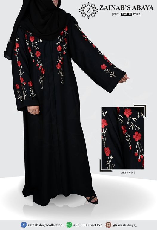 Nida Front Open Abaya ,Hand Made Machine Embroidery on Front and Sleeves – 0862