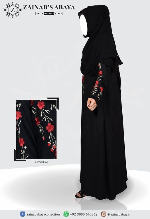 Nida Front Open Abaya ,Hand Made Machine Embroidery on Front and Sleeves – 0862