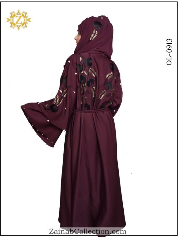 Nida Front Open Gown Abaya , Wheat Style Embroidery on Back ,front And Sleeves  - 0913