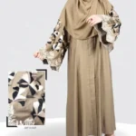 Nida color front open gown abaya with intricate embroidery on the sleeves, offering a stylish and elegant design.