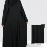 Nida black maxi abaya with pleated design, offering a modest and elegant look.