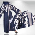 Front open gown abaya with intricate embroidery on the front and sleeves, offering a stylish and modest look.