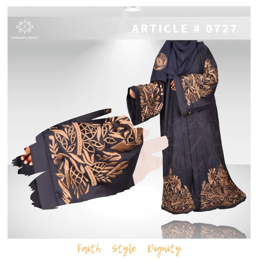Front Open Abaya Nida front open abaya with intricate embroidery on the front and sleeves, offering an elegant and modest design.