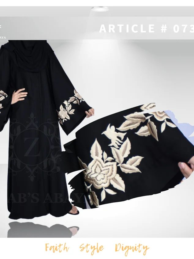 Front Open Abaya Front open abaya in Nida fabric with intricate embroidery, offering a modest and elegant design.