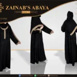 Black maxi abaya with fawn strips on the shoulders and cuffs, made from soft Nida fabric.