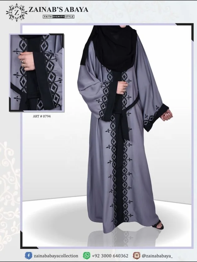 Front Open Gown Abaya Color Front Open Gown Abaya in Nida fabric with embroidery and black staller