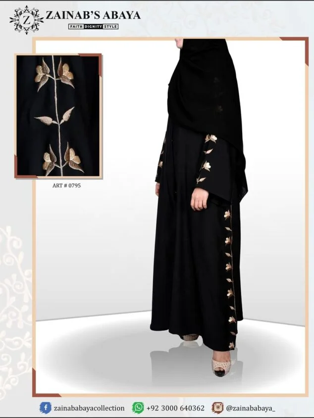 Front Open Gown Abaya Black Front Open Gown Abaya with embroidery on chalk and sleeves