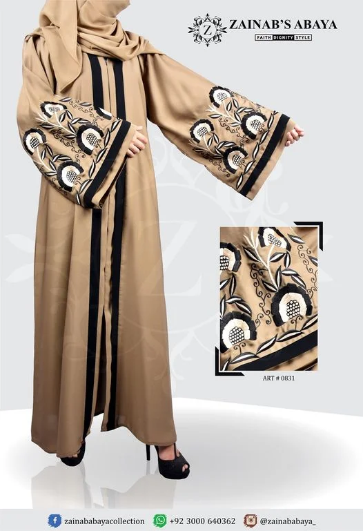 Front Open Gown Abaya Color Front Open Gown Abaya in Nida fabric with embroidery on sleeves
