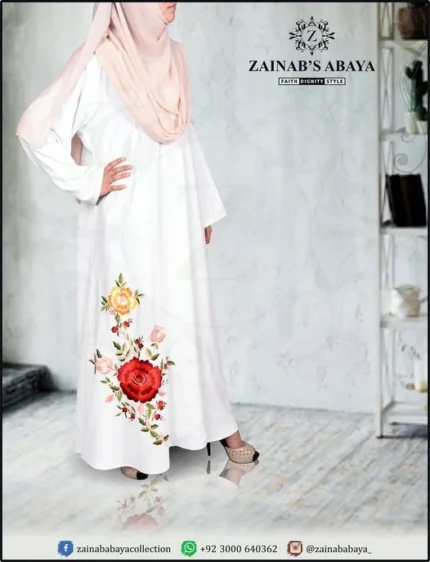 white embroidery maxi abaya