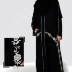 Elegant black front open gown abaya with pocket embroidery