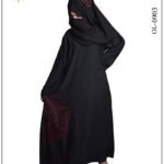 Nida maxi abaya with intricate embroidery on the bottom right side, offering a modest and stylish design