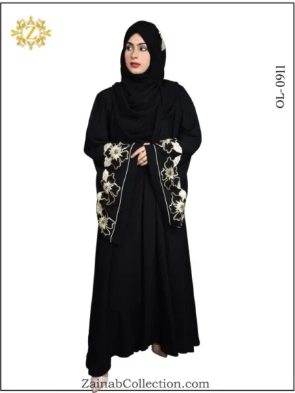 Nida umbrella abaya with intricate embroidery on the sleeves, offering a flowing and elegant design.