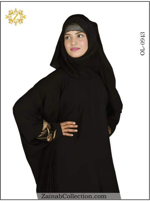 Black kaftan abaya with elegant embroidery on the sleeves, offering a stylish and modest design.