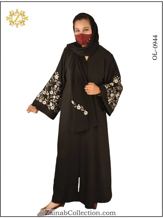 Front Open Gown abaya with intricate embroidery on the sleeves, offering a stylish and modest look.