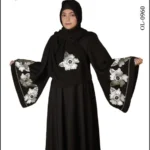 Black Umbrella abaya with golden embroidery on the front, sleeves, and back, offering a luxurious and elegant design.