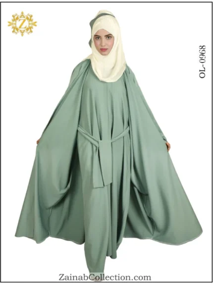 Plain maxi abaya with kaftan overlay, offering a simple and elegant design.
