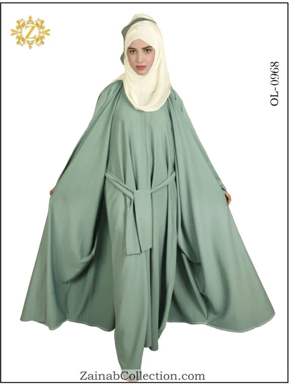 Plain maxi abaya with kaftan overlay, offering a simple and elegant design.