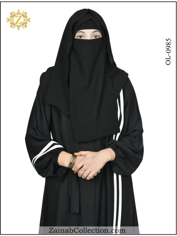Maxi Abaya, Modern Maxi Abaya, Abaya Black modern maxi abaya with an elegant strip design on one side, offering a sleek and stylish look.