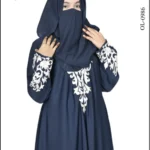 Navy abaya with intricate Arabic embroidery, offering a traditional and elegant design.
