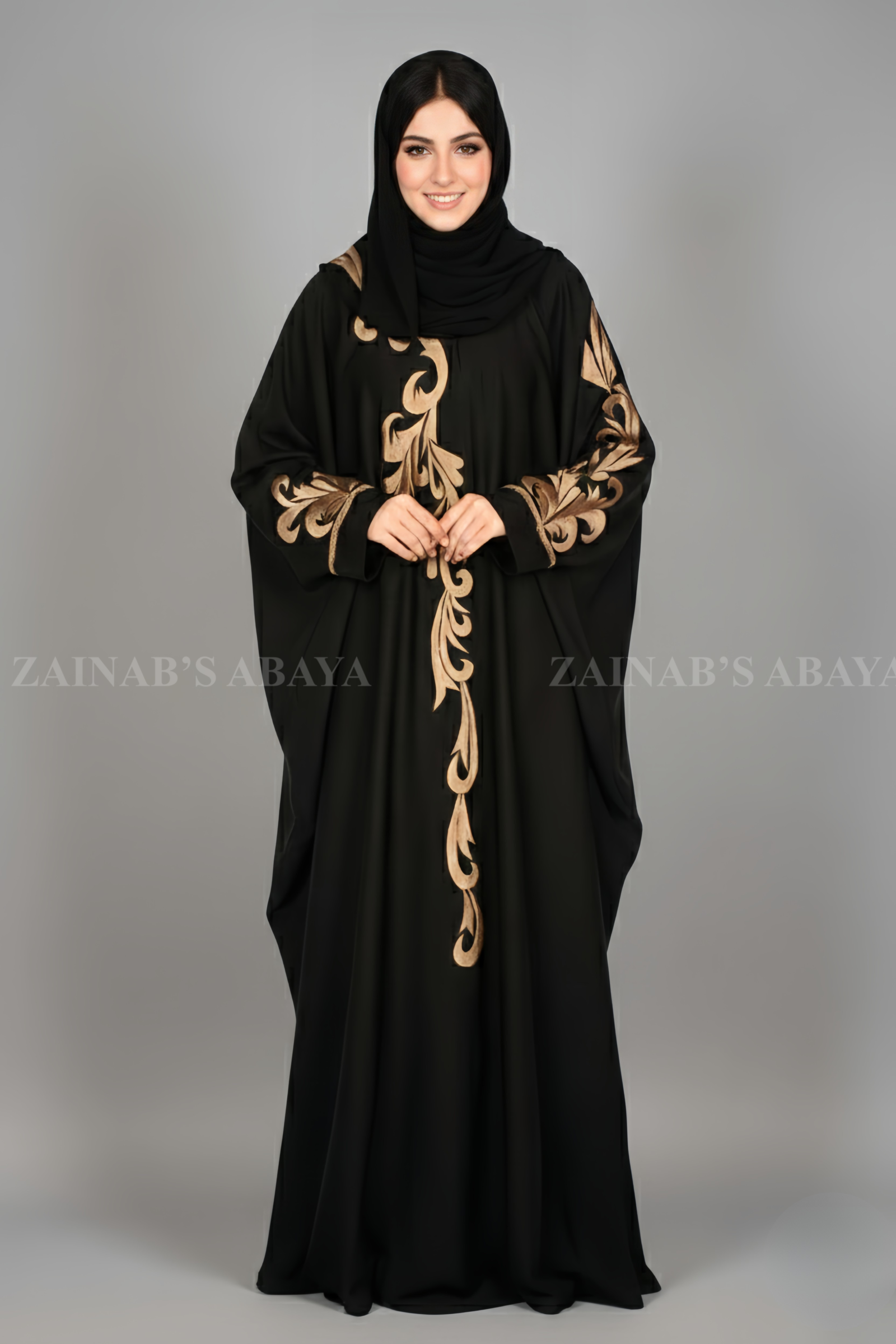 Butterfly Abaya New butterfly abaya with intricate embroidery on one side of the front and sleeves, offering a stylish and modest design.