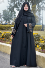 Black Front Open Gown Abaya with a matching scarf.