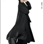 Black front open gown abaya with elegant stone work on the front and sleeves, offering a luxurious design.