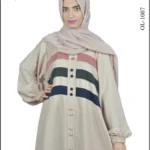 Nida maxi abaya with 3 stripe design and front buttons, offering a modern and modest look.
