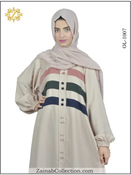 Nida maxi abaya with 3 stripe design and front buttons, offering a modern and modest look.