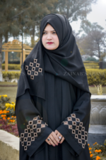 Black Front Open Gown Abaya with a matching scarf