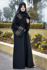 Black Front Open Gown Abaya with a matching scarf