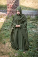 Double Chiffon Butterfly Abaya in Olive Green Color with same matching color scarf.