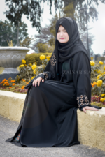 Black Front Open Gown Abaya with a matching scarf