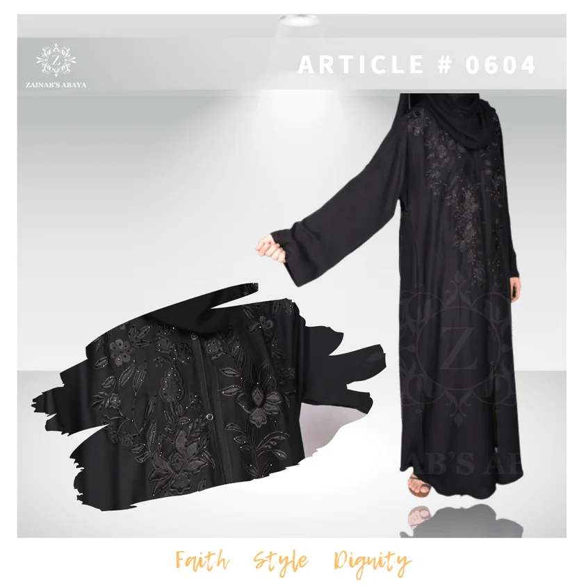 Front Open Abaya Nida front open abaya with intricate embroidery and stone work on the front, offering a luxurious and elegant design.