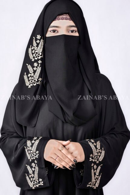 Umbrella Abaya in Nida Korean Fabric with Embroidery at bottom and sleeves borders.