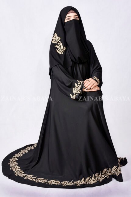Umbrella Abaya in Nida Korean Fabric with Embroidery at bottom and sleeves borders.
