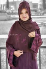 Front Open Abaya in Purple Colored which is crafted in Nida Korean Fabric with Embroidery on Sleeves and motif on the same matching scarf in chiffon fabric.