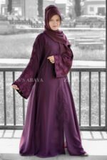 Front Open Abaya in Purple Colored which is crafted in Nida Korean Fabric with Embroidery on Sleeves and motif on the same matching scarf in chiffon fabric.