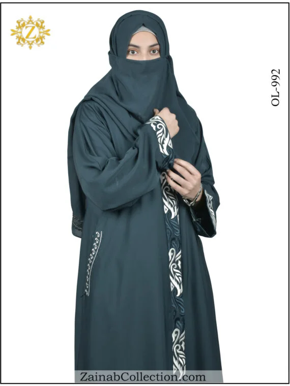 Front Open Gown Abaya, Gown Abaya, Abaya Nida front open gown with elegant embroidery, featuring a modest and sophisticated design.